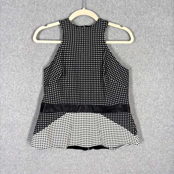 Bebe‎ Top Large Plaid Faux Leather Zipper Stretch Twee Royal Career Quiet Peplum - Picture 1 of 11